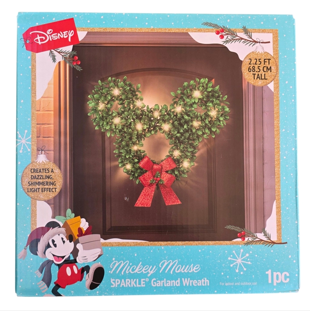 Gemmy-Disney Mickey Mouse Sparkle Garland Wreath With Clear Lights-Green and Red